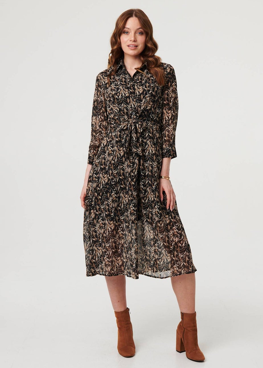 Izabel London Black Abstract Tie Waist Shirt Midi Dress