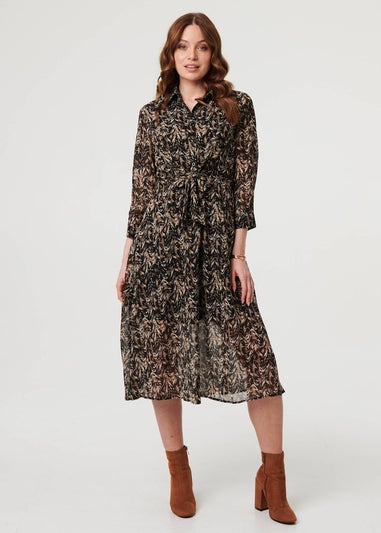 Izabel London Black Abstract Tie Waist Shirt Midi Dress