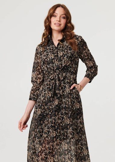Izabel London Black Abstract Tie Waist Shirt Midi Dress