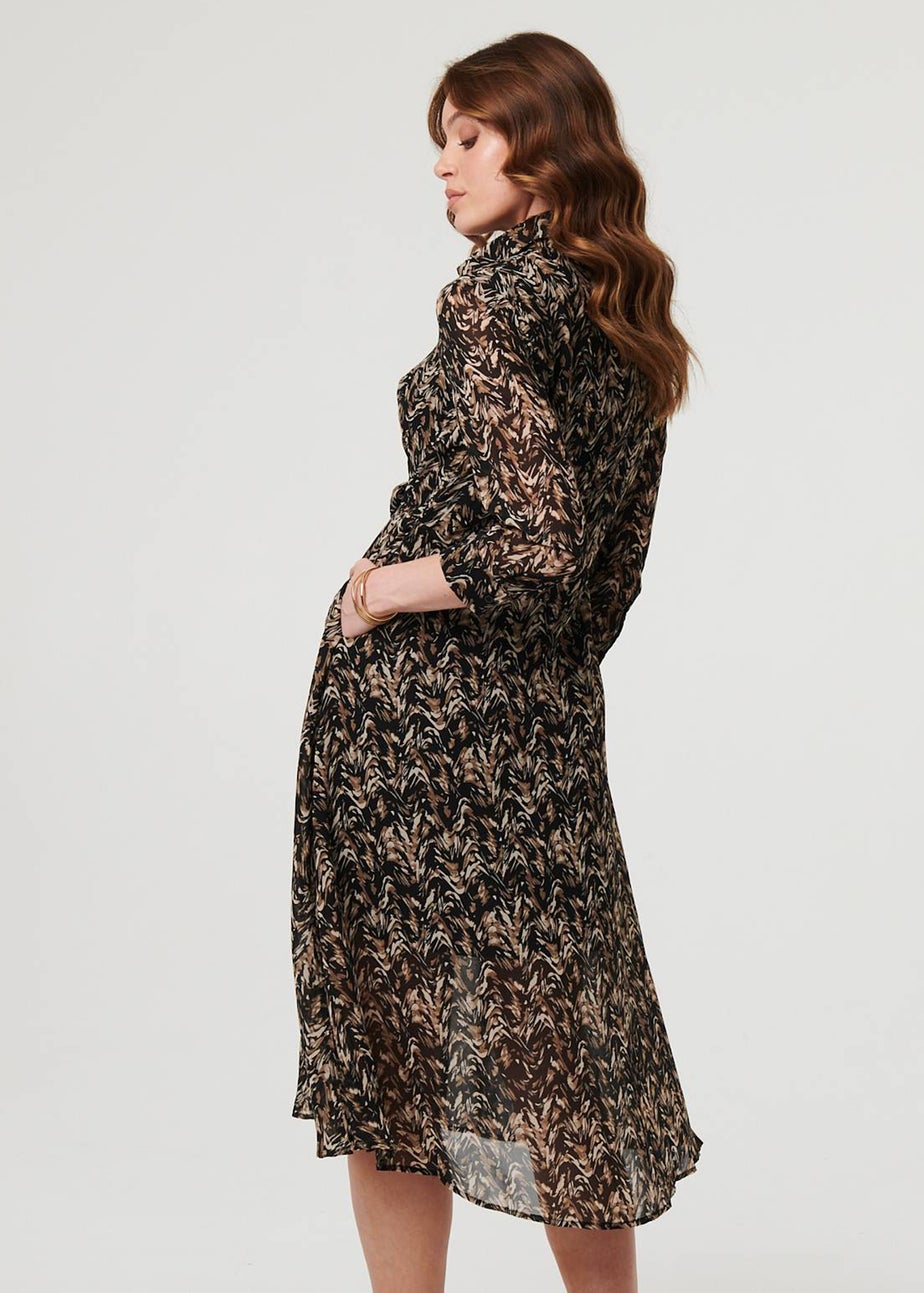 Izabel London Black Abstract Tie Waist Shirt Midi Dress