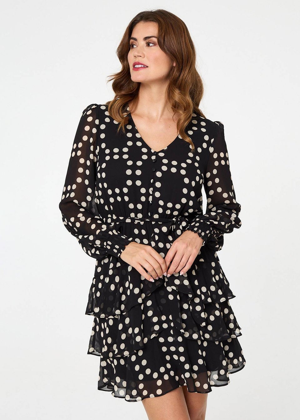 Izabel London Black Polka Dot Semi Sheer Layer Short Dress