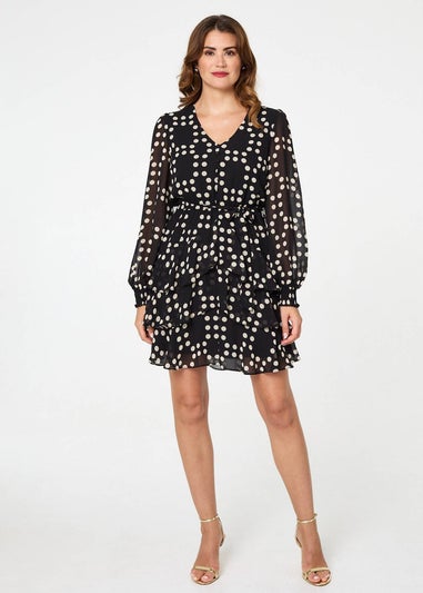Izabel London Black Polka Dot Semi Sheer Layer Short Dress