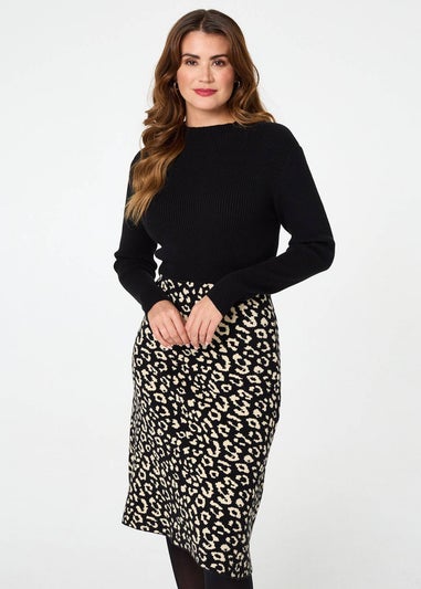Izabel London Black Animal Print Contrast Knit Midi Dress
