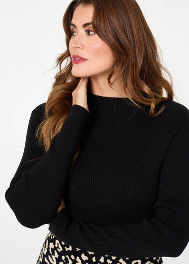 Izabel London Black Animal Print Contrast Knit Midi Dress