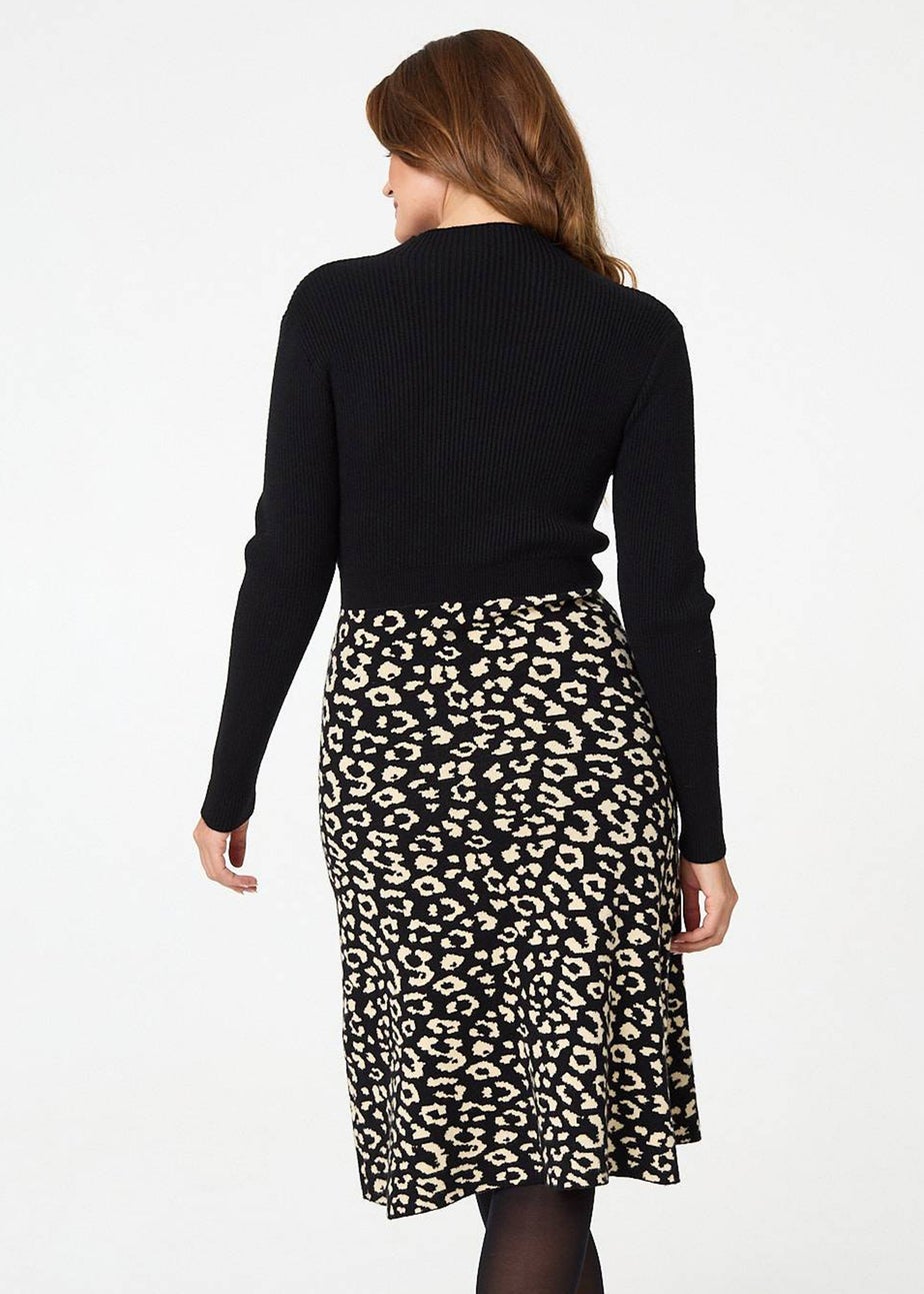 Izabel London Black Animal Print Contrast Knit Midi Dress
