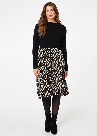 Izabel London Black Animal Print Contrast Knit Midi Dress