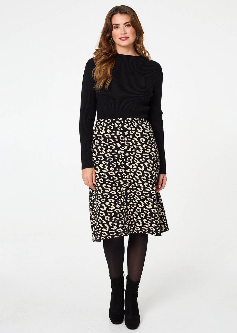 Izabel London Black Animal Print Contrast Knit Midi Dress