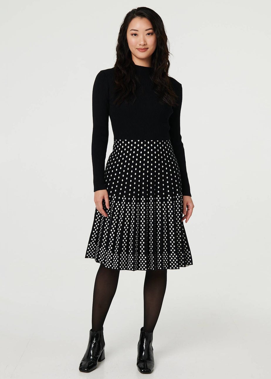 Izabel London Black Polka Dot Pleated Knit Skater Midi Dress