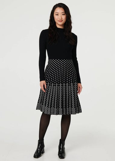 Izabel London Black Polka Dot Pleated Knit Skater Midi Dress