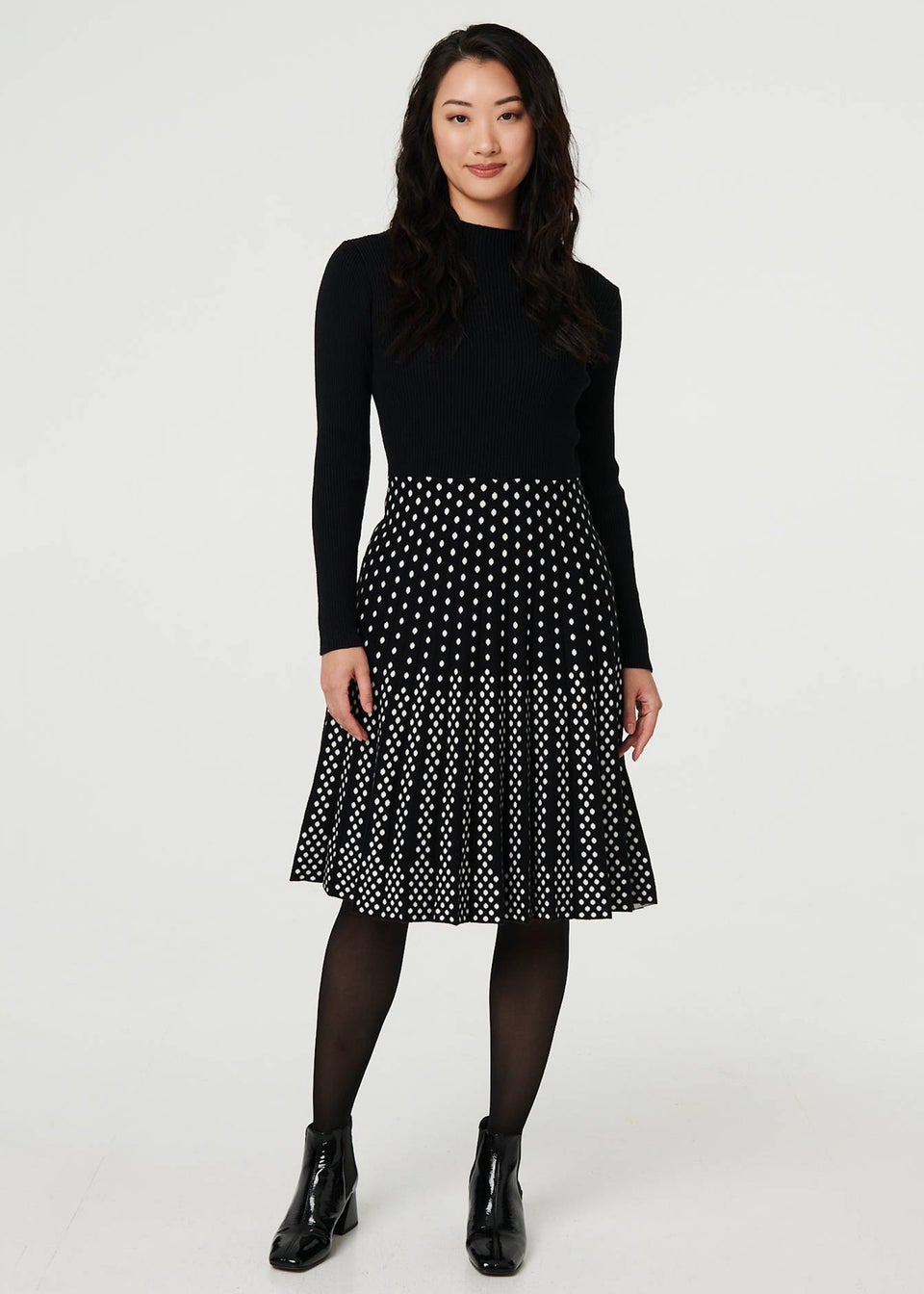 Izabel London Black Polka Dot Pleated Knit Skater Midi Dress
