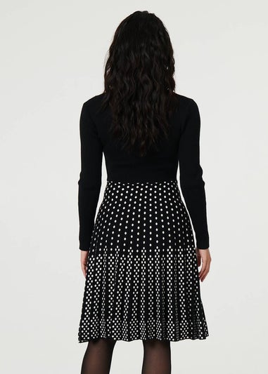 Izabel London Black Polka Dot Pleated Knit Skater Midi Dress