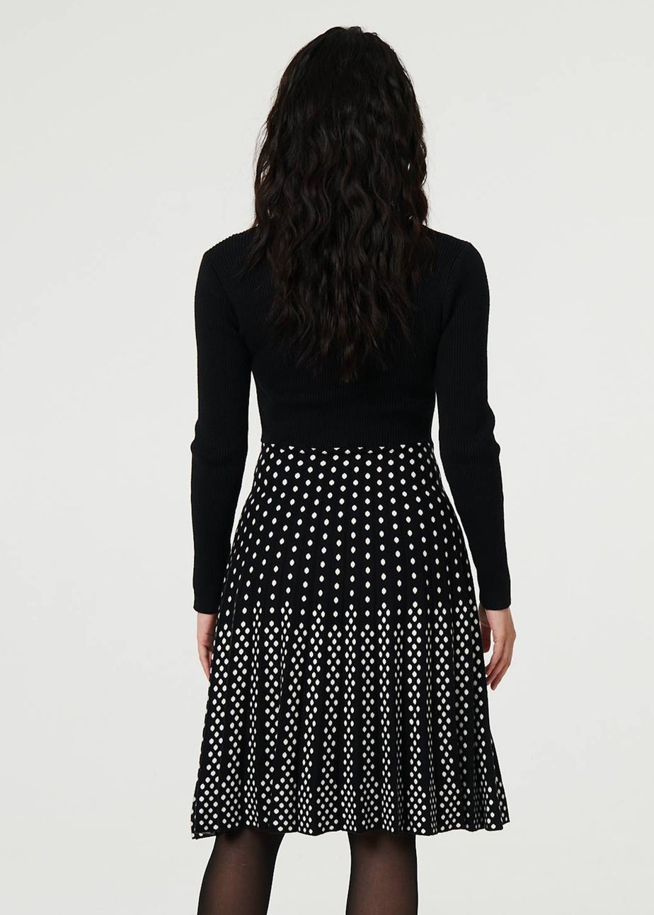 Izabel London Black Polka Dot Pleated Knit Skater Midi Dress