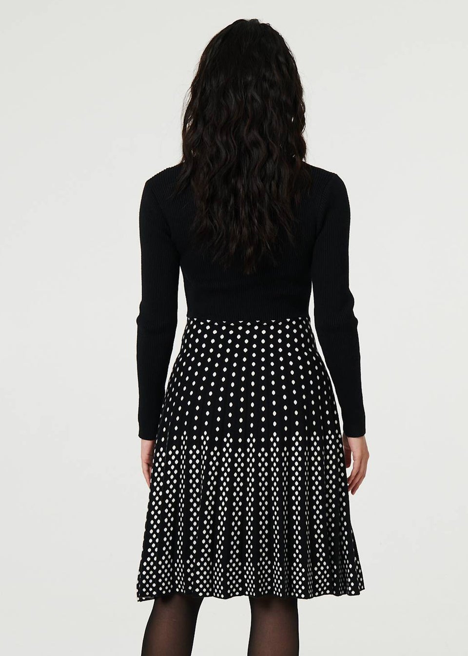 Izabel London Black Polka Dot Pleated Knit Skater Midi Dress