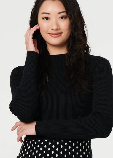 Izabel London Black Polka Dot Pleated Knit Skater Midi Dress