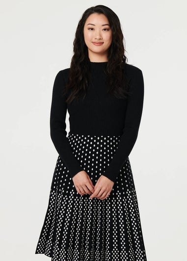 Izabel London Black Polka Dot Pleated Knit Skater Midi Dress