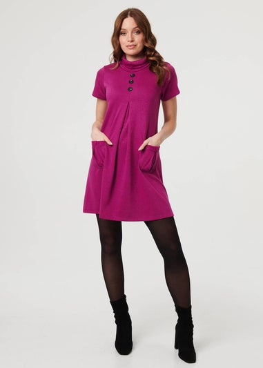 Izabel London Purple Cowl Neck Button Front Short Shift Dress