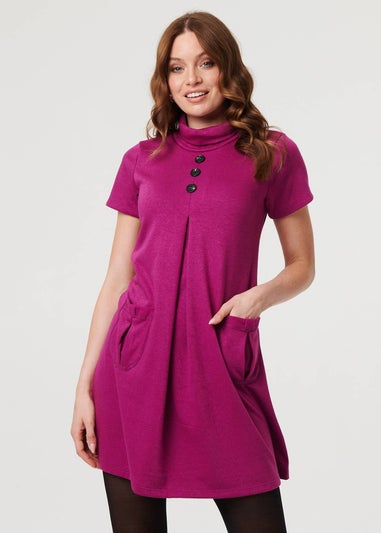 Izabel London Purple Cowl Neck Button Front Short Shift Dress