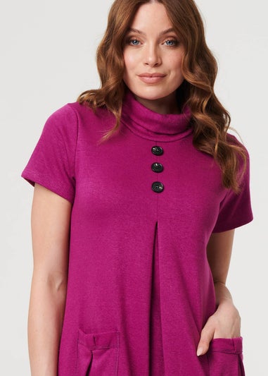 Izabel London Purple Cowl Neck Button Front Short Shift Dress