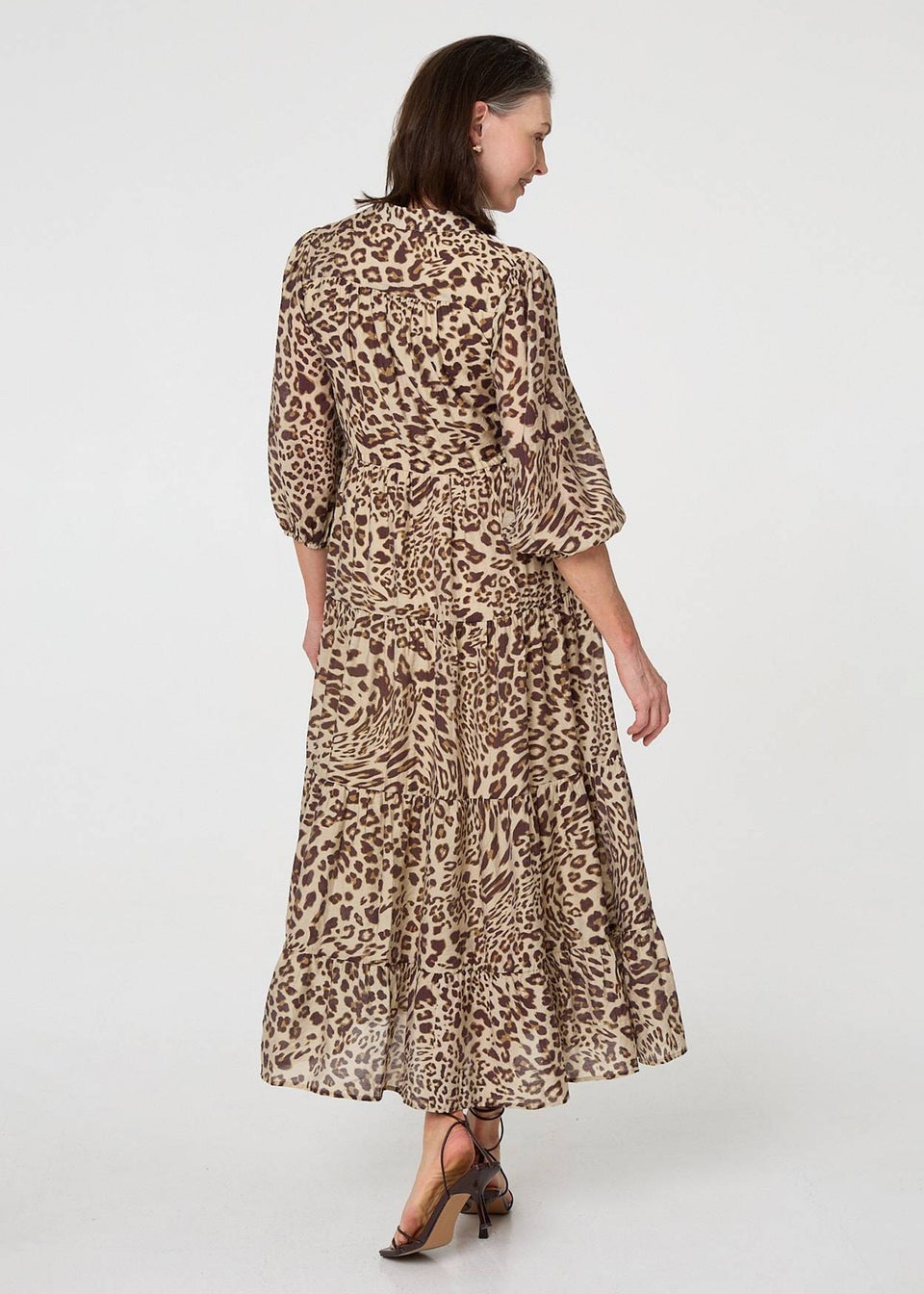 Izabel London Brown Animal Print 3/4 Puff Sleeve Midi Dress