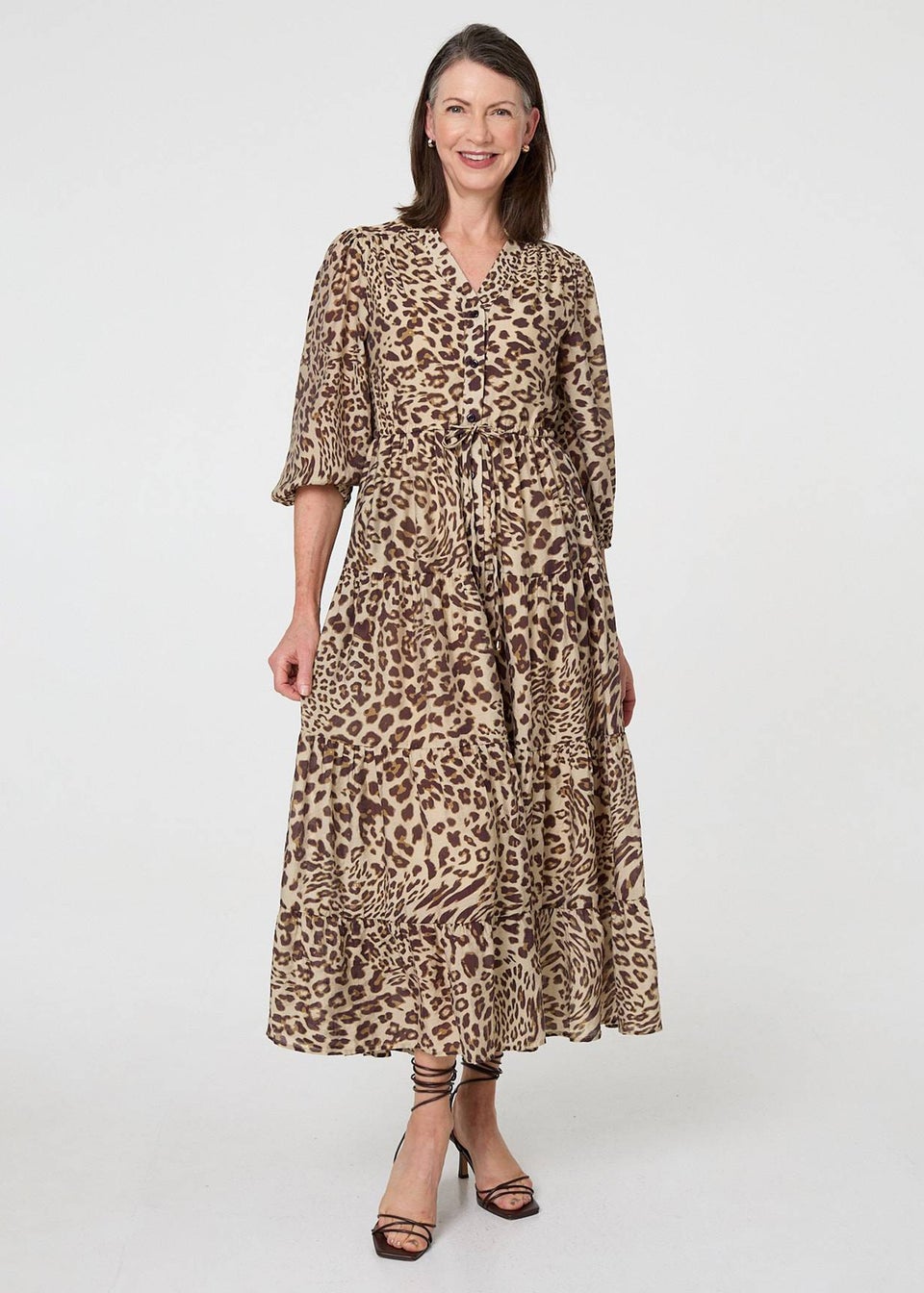 Izabel London Brown Animal Print 3/4 Puff Sleeve Midi Dress