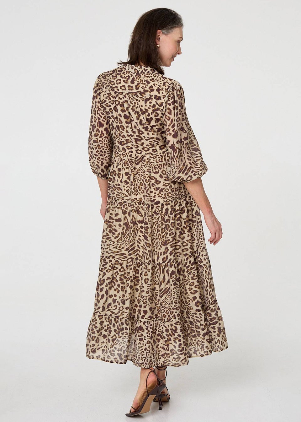Izabel London Brown Animal Print 3/4 Puff Sleeve Midi Dress