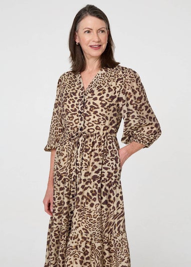Izabel London Brown Animal Print 3/4 Puff Sleeve Midi Dress