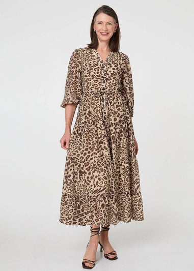 Izabel London Brown Animal Print 3/4 Puff Sleeve Midi Dress