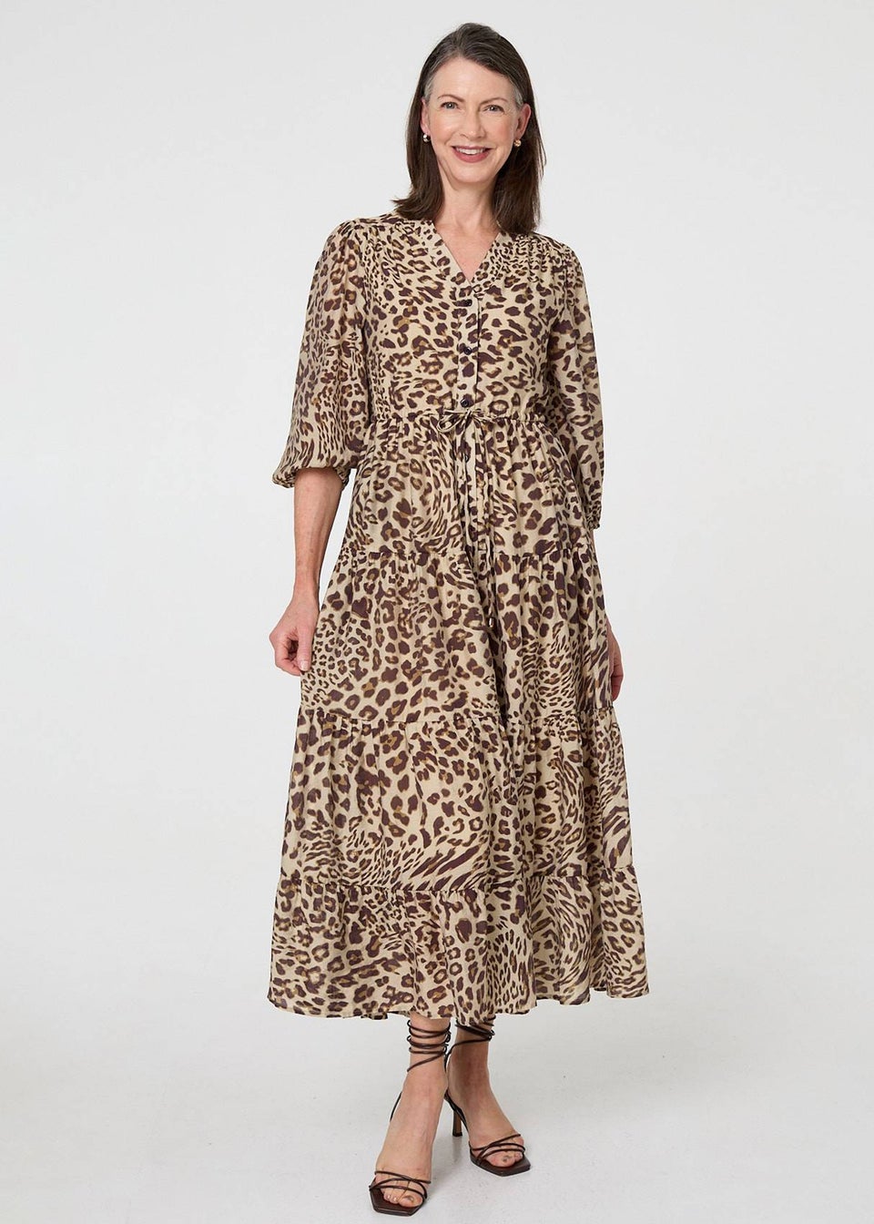 Izabel London Brown Animal Print 3/4 Puff Sleeve Midi Dress