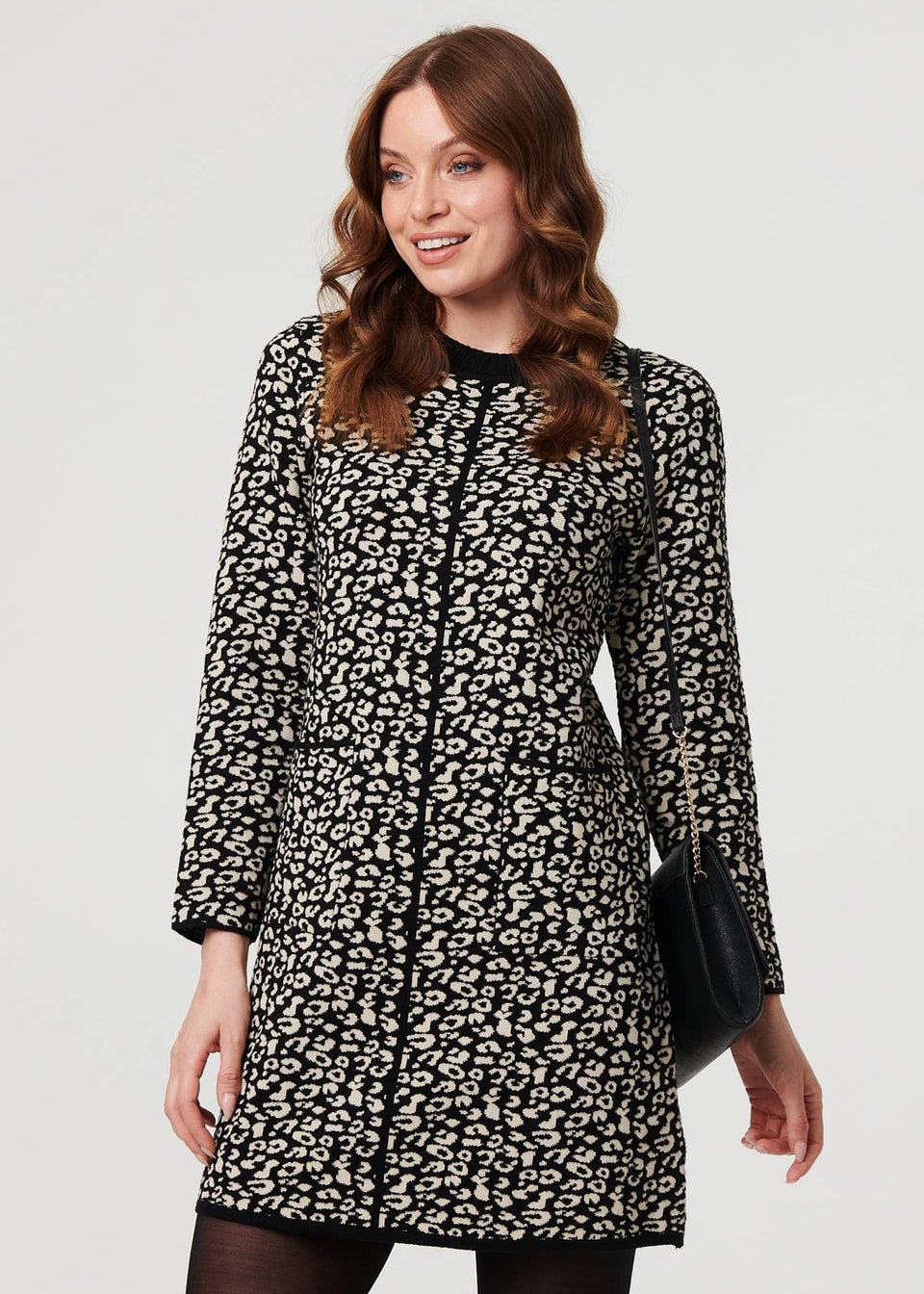 Izabel London Black Animal Print Short Knit Shift Dress