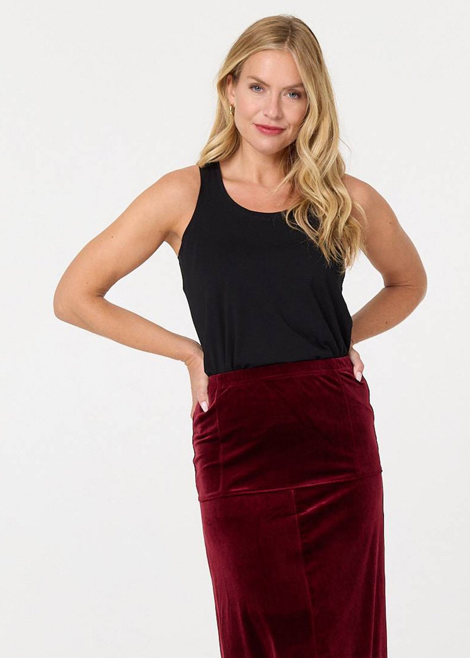 Izabel London Red Velour Texture High Waist Midi Skirt