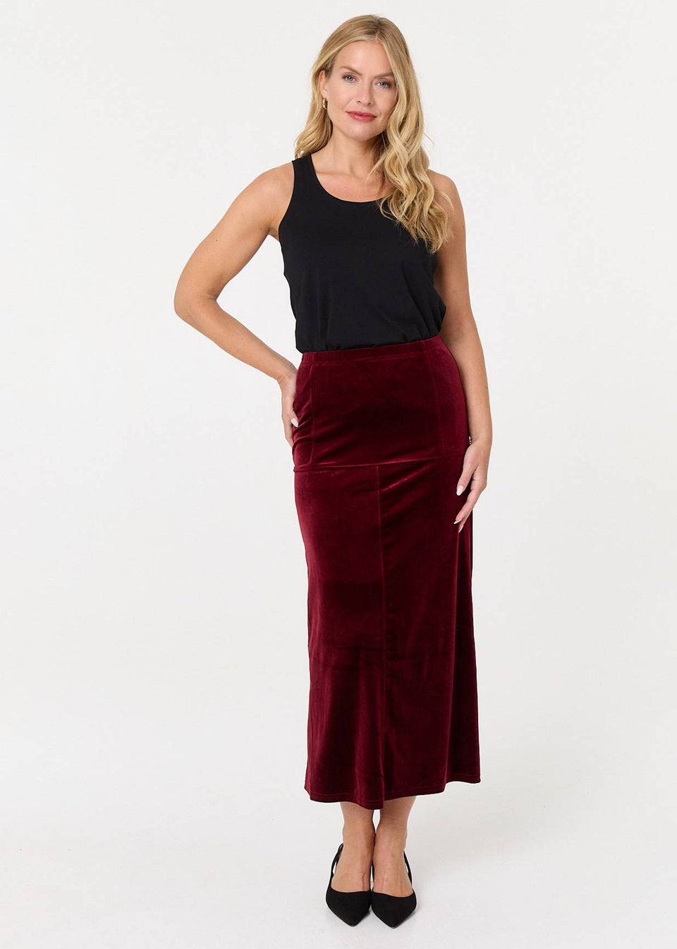 Izabel London Red Velour Texture High Waist Midi Skirt