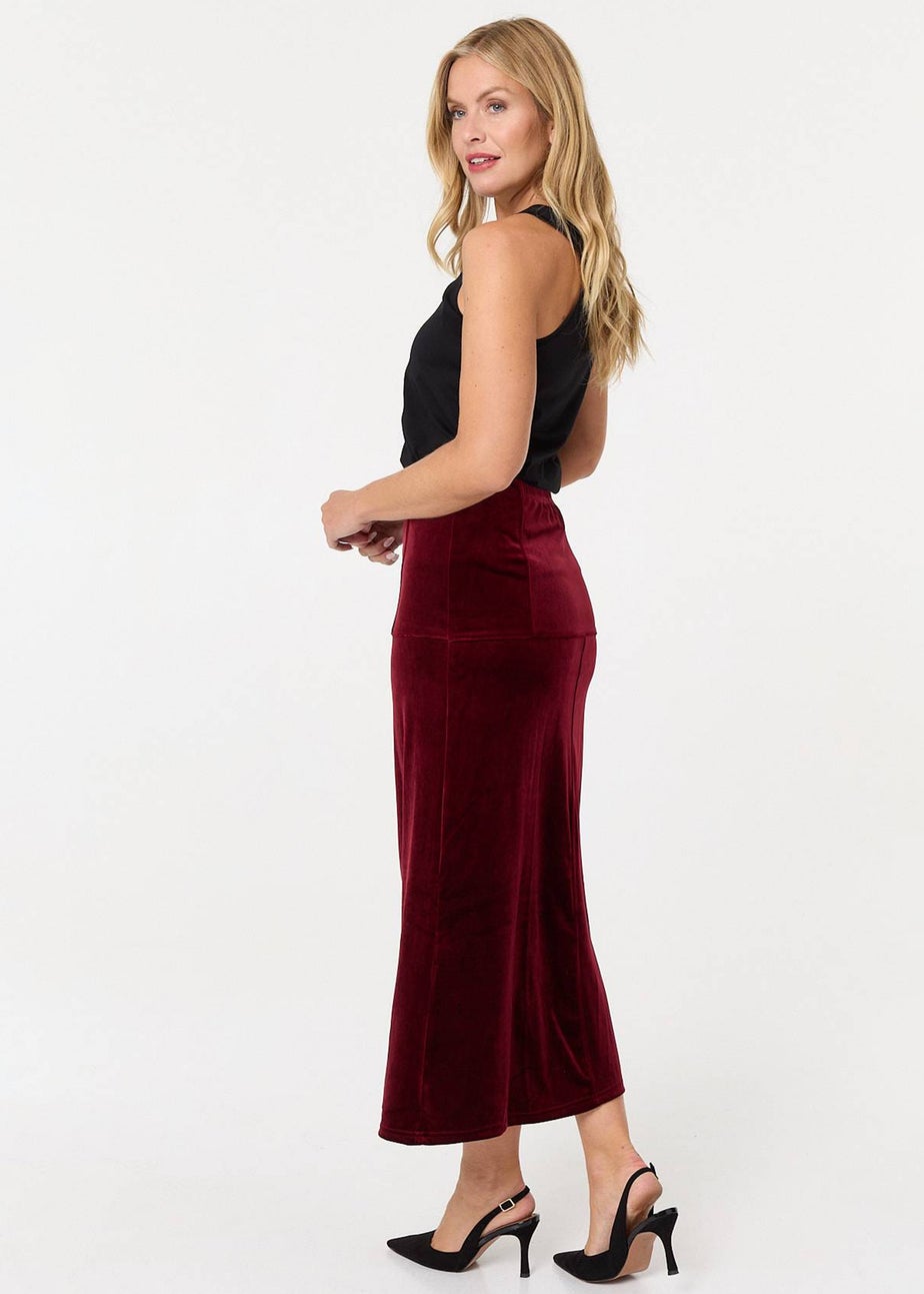 Izabel London Red Velour Texture High Waist Midi Skirt