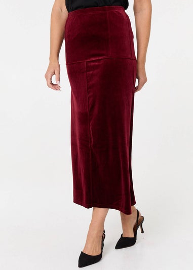 Izabel London Red Velour Texture High Waist Midi Skirt