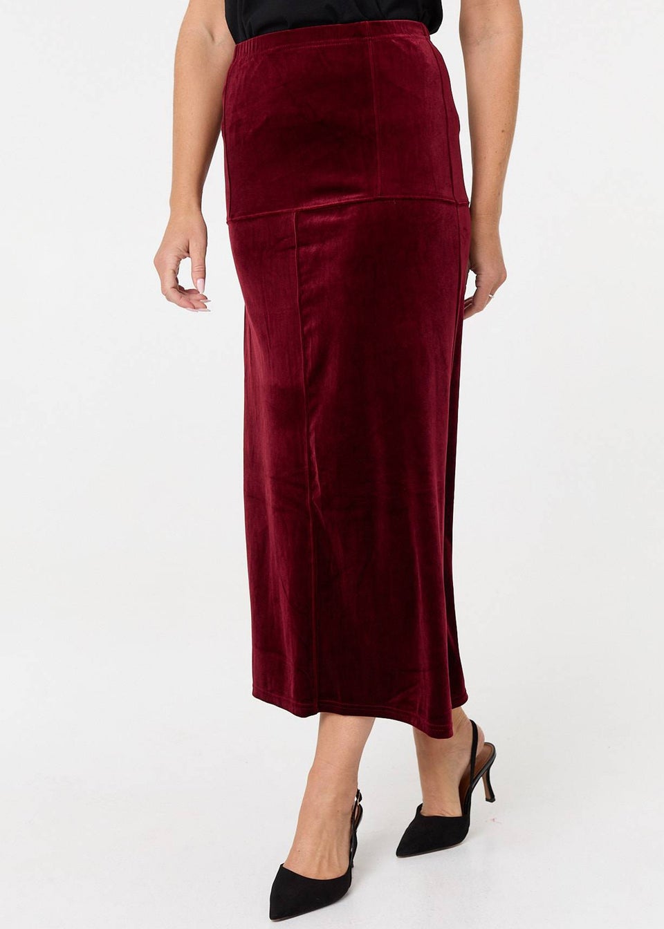 Izabel London Red Velour Texture High Waist Midi Skirt