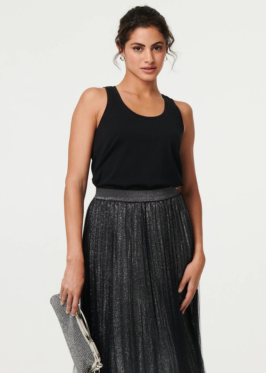 Izabel London Black Sparkly Semi Sheer High Waist Midi Skirt