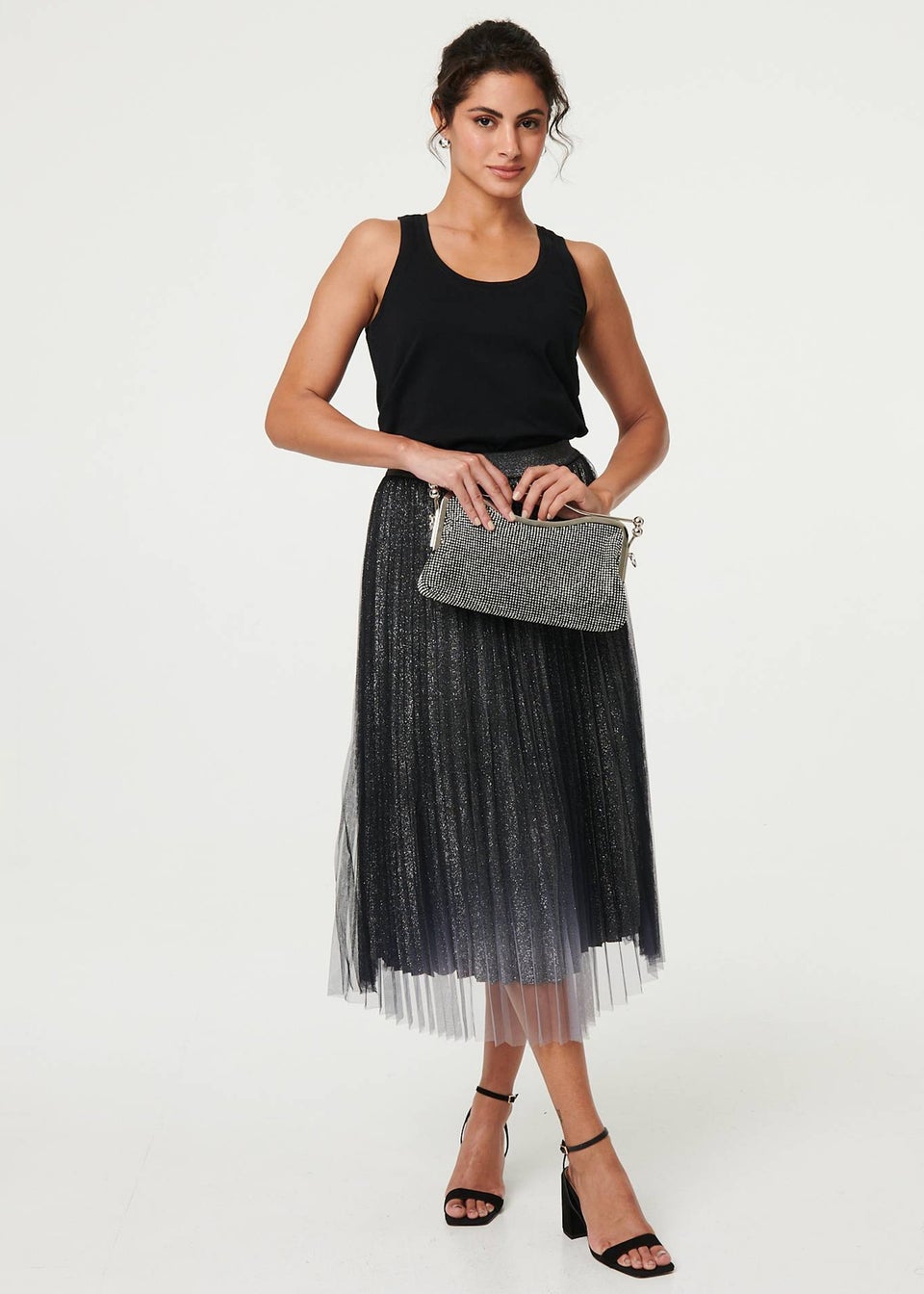 Izabel London Black Sparkly Semi Sheer High Waist Midi Skirt
