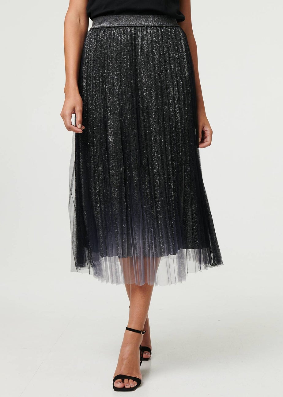 Izabel London Black Sparkly Semi Sheer High Waist Midi Skirt
