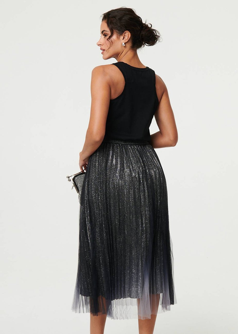 Izabel London Black Sparkly Semi Sheer High Waist Midi Skirt