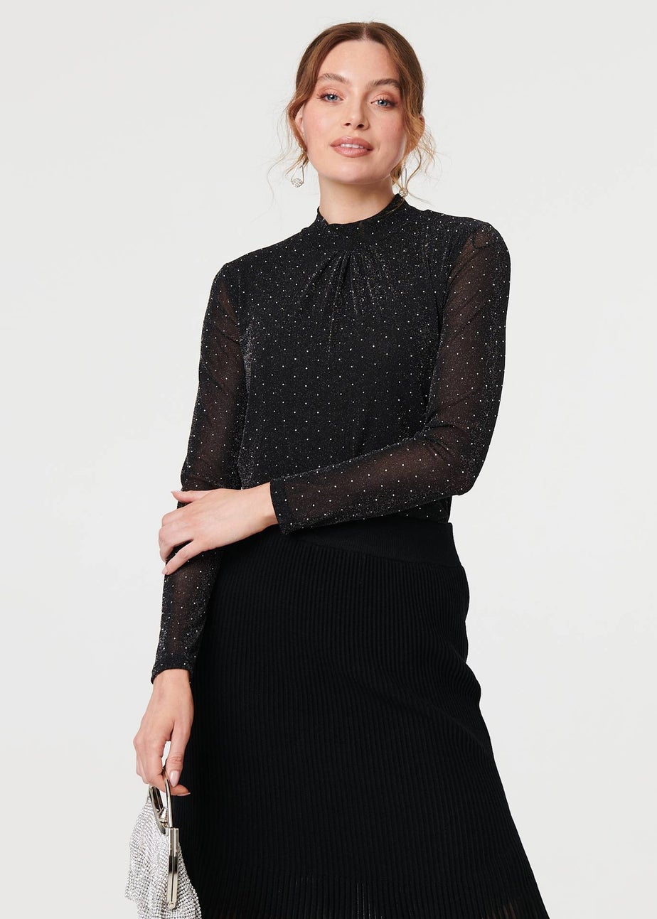 Izabel London Black Semi Sheer Pleat High Waist Midi Skirt