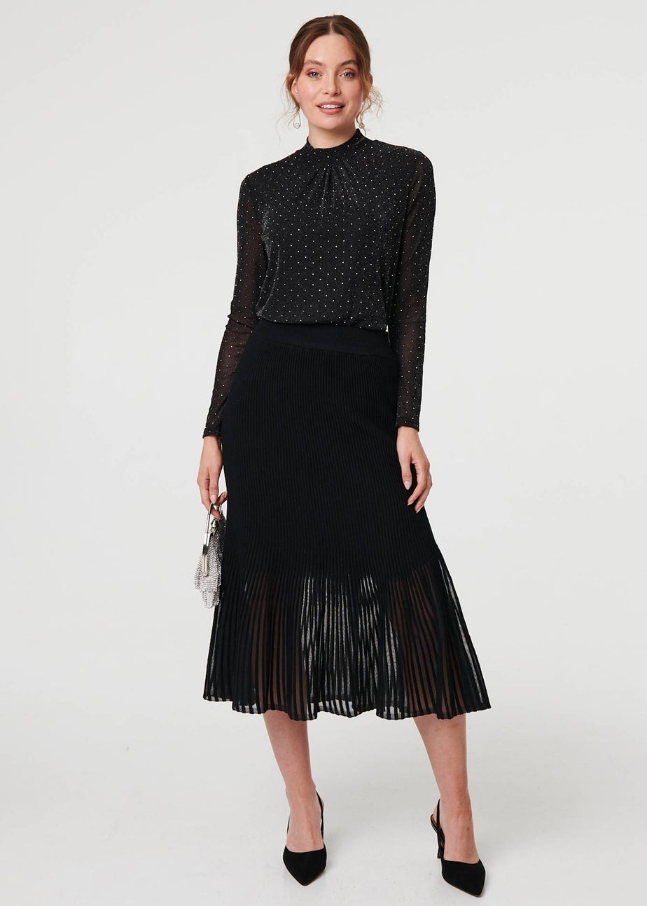 Izabel London Black Semi Sheer Pleat High Waist Midi Skirt
