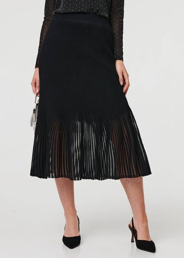 Izabel London Black Semi Sheer Pleat High Waist Midi Skirt