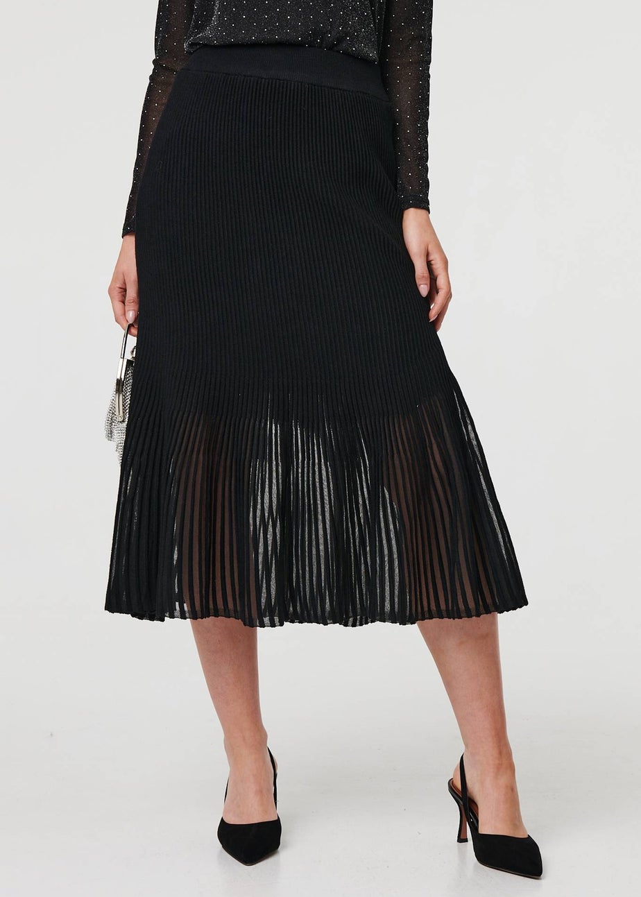 Izabel London Black Semi Sheer Pleat High Waist Midi Skirt