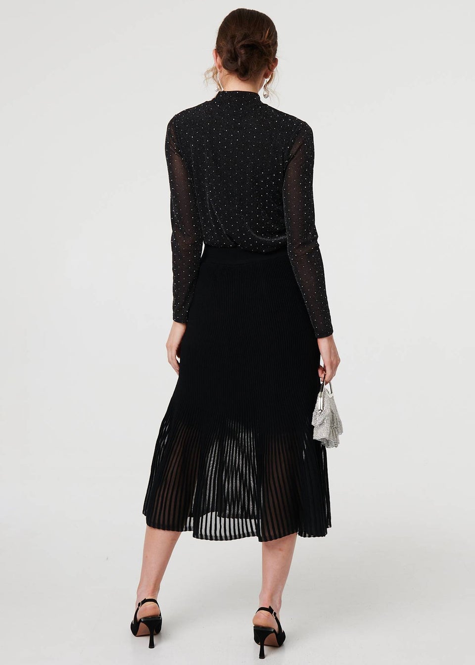 Izabel London Black Semi Sheer Pleat High Waist Midi Skirt