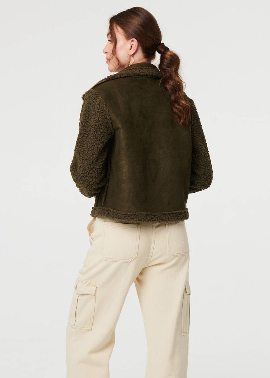 Izabel London Green Faux Suede Teddy Lined Biker Jacket