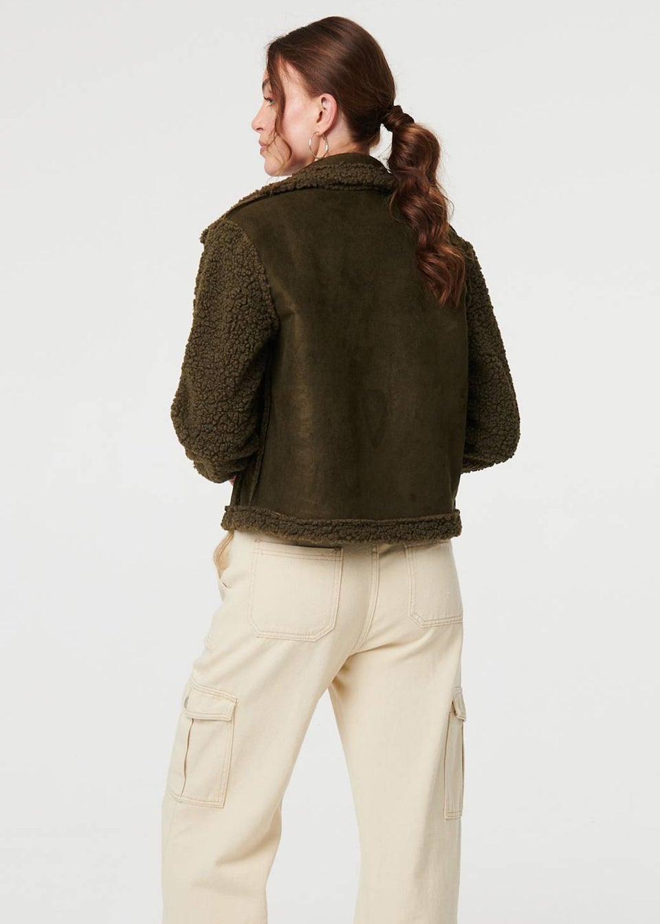 Izabel London Green Faux Suede Teddy Lined Biker Jacket