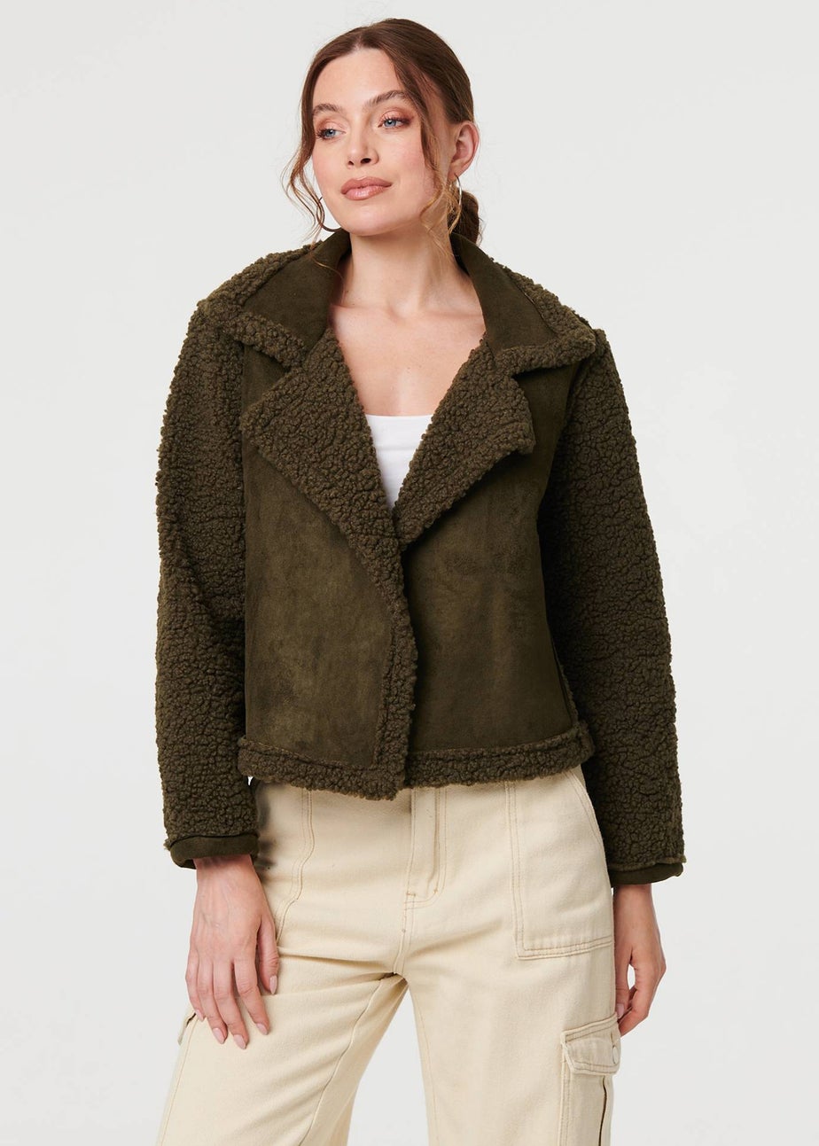 Izabel London Green Faux Suede Teddy Lined Biker Jacket