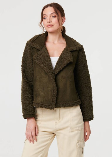 Izabel London Green Faux Suede Teddy Lined Biker Jacket