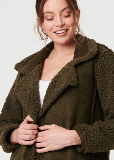 Izabel London Green Faux Suede Teddy Lined Biker Jacket