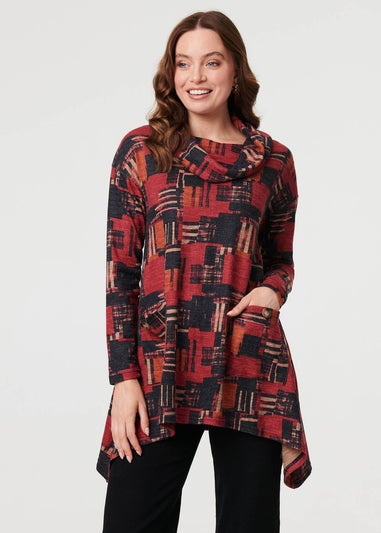 Izabel London Red Printed Long Sleeve Cowl Neck Tunic Top