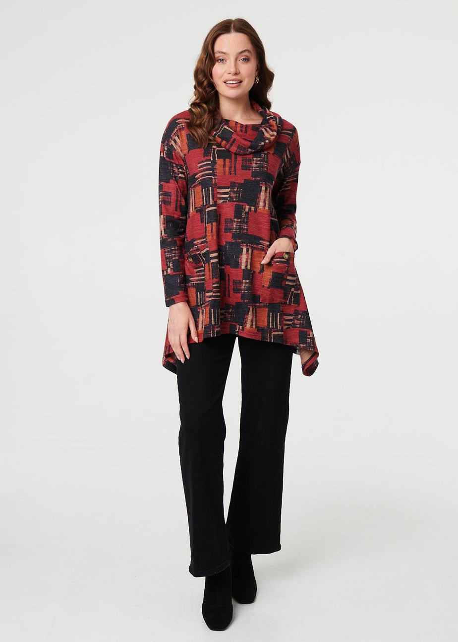 Izabel London Red Printed Long Sleeve Cowl Neck Tunic Top
